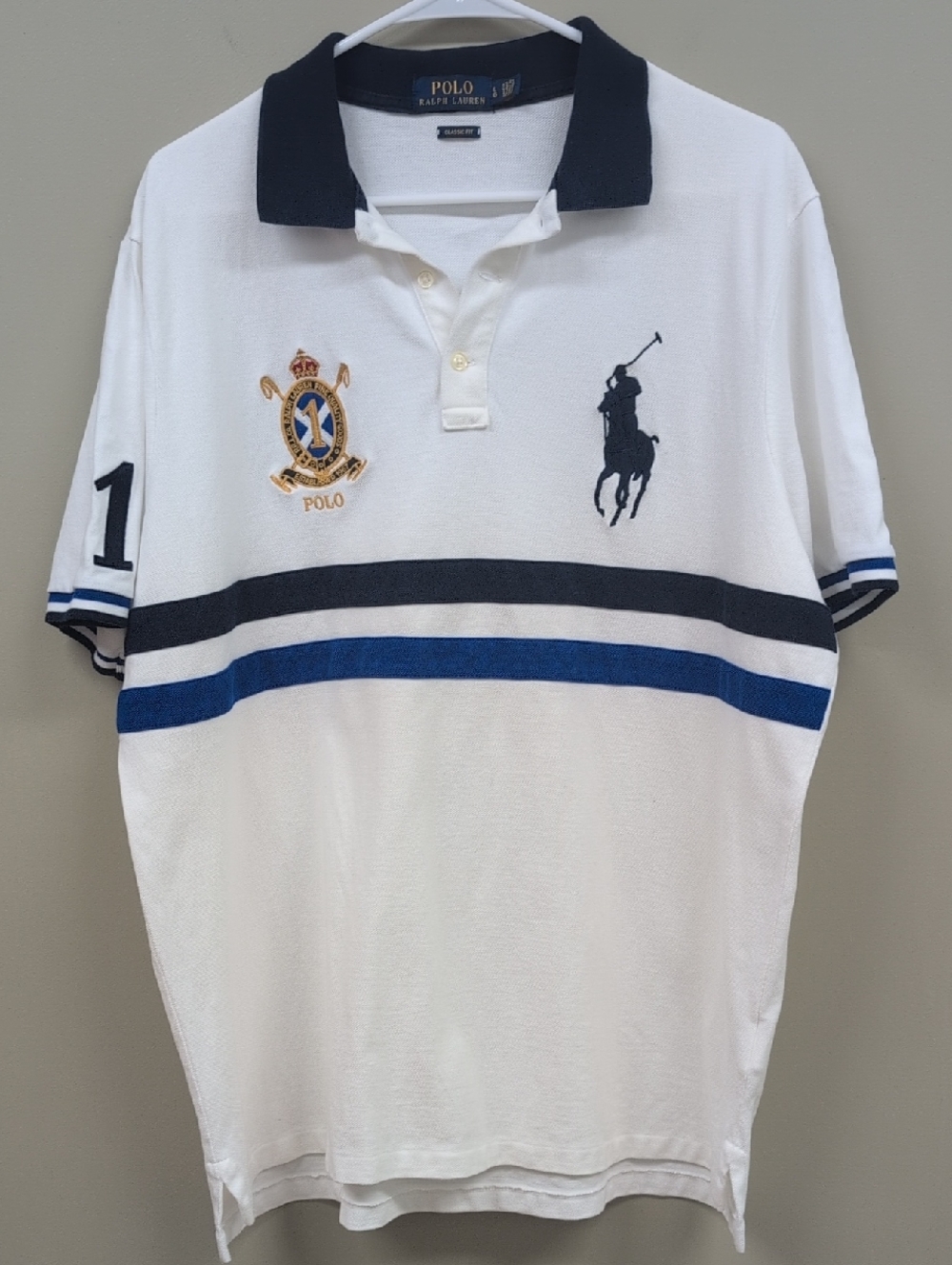 Polo Ralph Lauren Big Pony Crest #1 White Polo w/Blue Contrast L - Picture 3 of 7